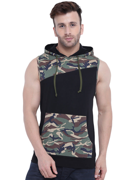 Army PrintBlack Sleeveless Hooded T-shirt