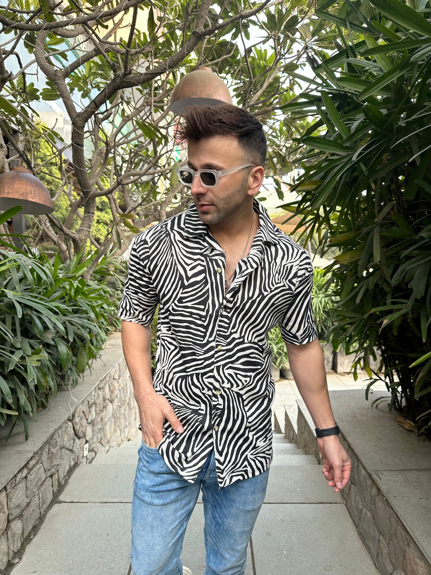 Black Self Design Zebra Knitted Shirt