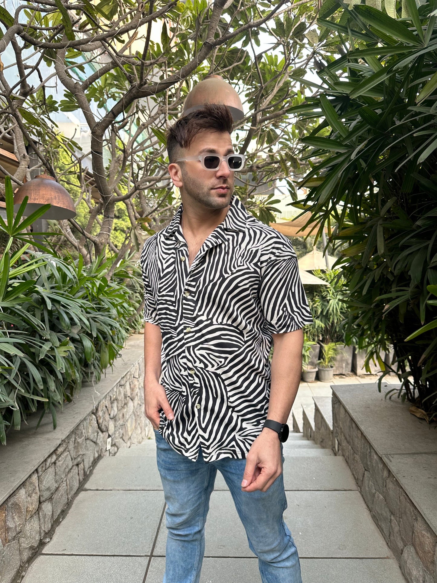 Black Self Design Zebra Knitted Shirt