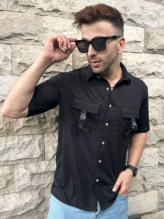 Black Buckle Double Pocket Knitted Shirt