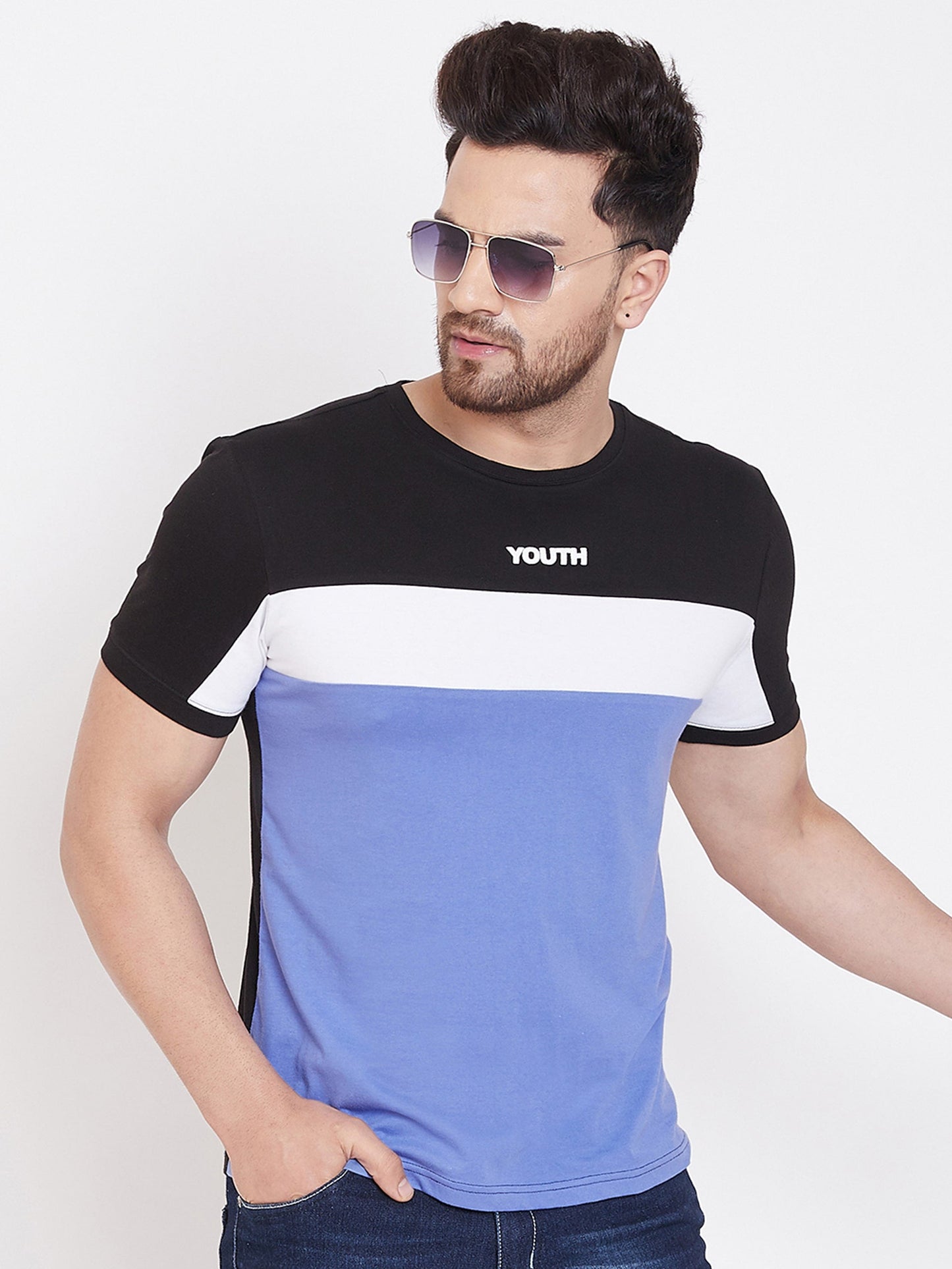 BlackWhiteBlue Printed Mens Half Sleeves Round Neck T-Shirt