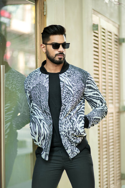 Black Digital Print Bomber Jacket