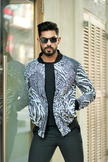 Black Digital Print Bomber Jacket