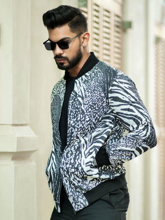 Black Digital Print Bomber Jacket