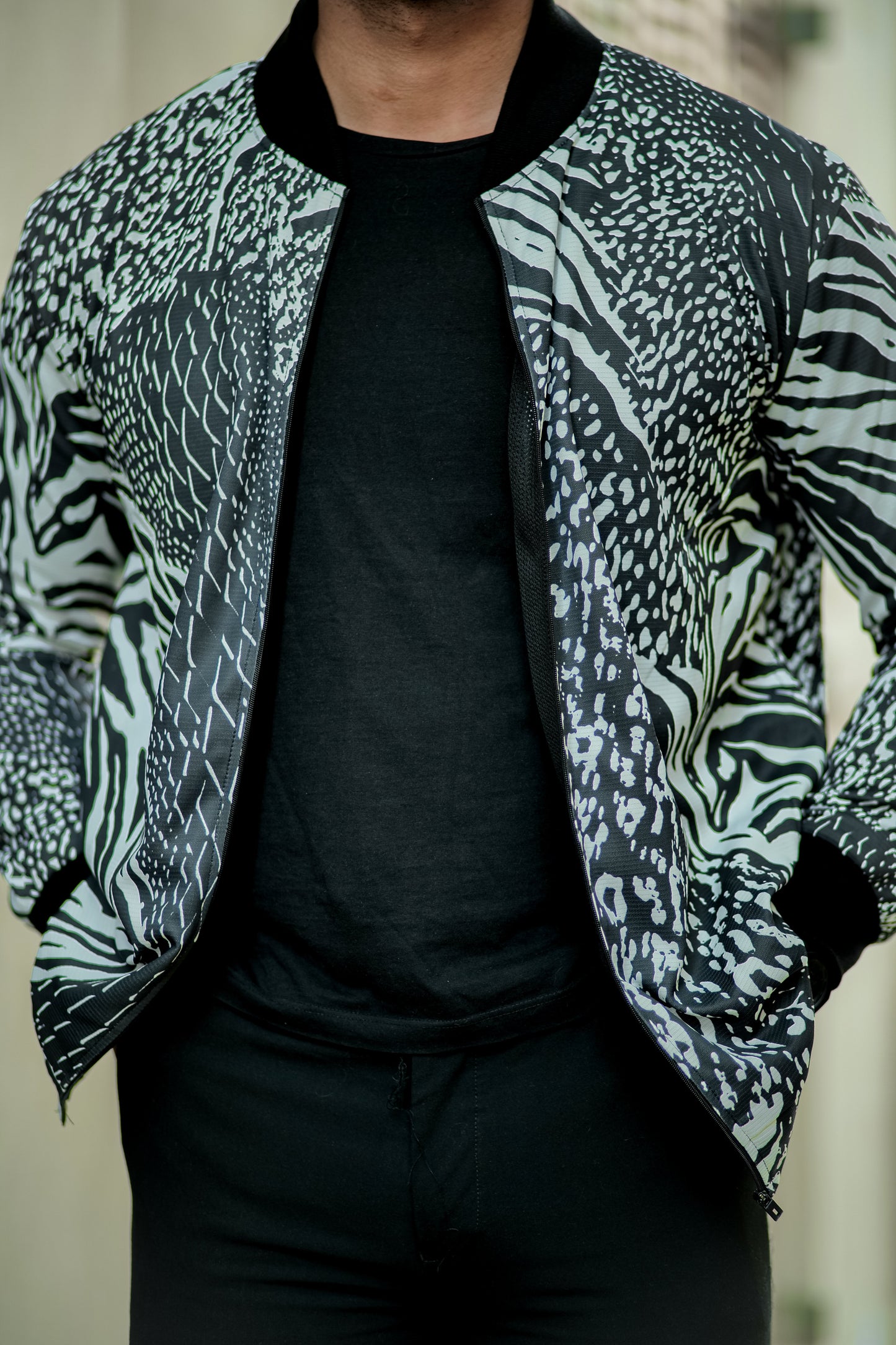 Black Digital Print Bomber Jacket