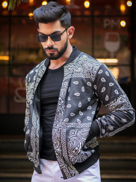 Black White Boho Bomber Jacket