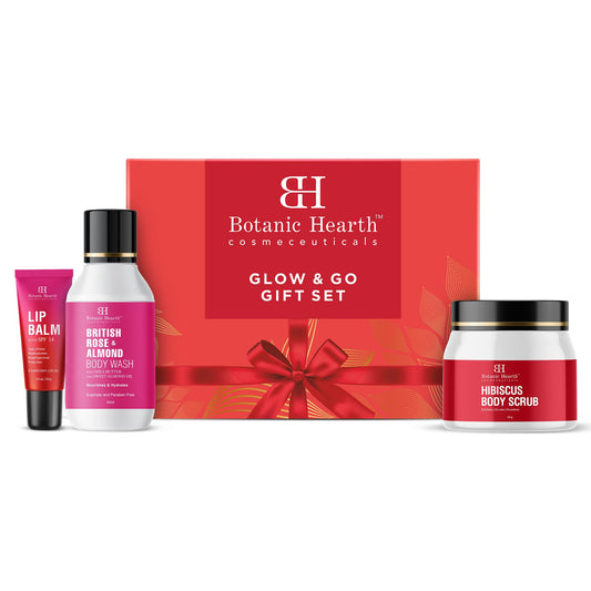 Botanic Hearth Gift Set of 3- Hibiscus Body Scrub - 50g  Raspberry Lip Balm - 8g  Rose Body Wash - 50ml