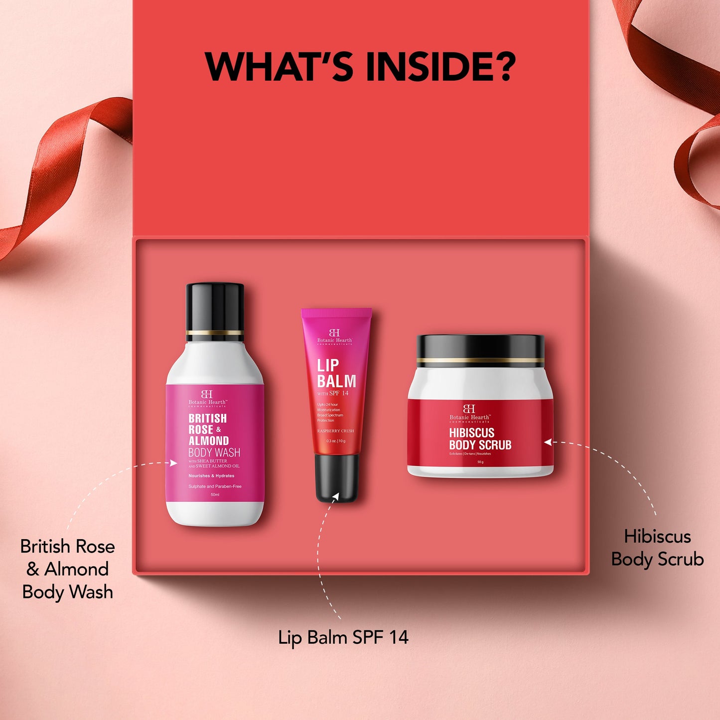 Botanic Hearth Gift Set of 3- Hibiscus Body Scrub - 50g  Raspberry Lip Balm - 8g  Rose Body Wash - 50ml