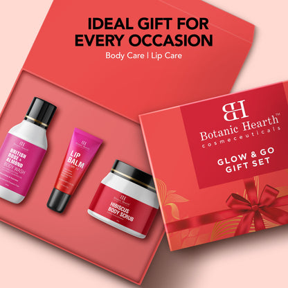 Botanic Hearth Gift Set of 3- Hibiscus Body Scrub - 50g  Raspberry Lip Balm - 8g  Rose Body Wash - 50ml