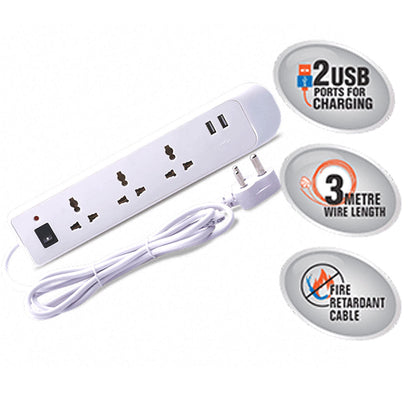 Bajaj 6A 3 Sockets Spike  Surge Guard 2 USB