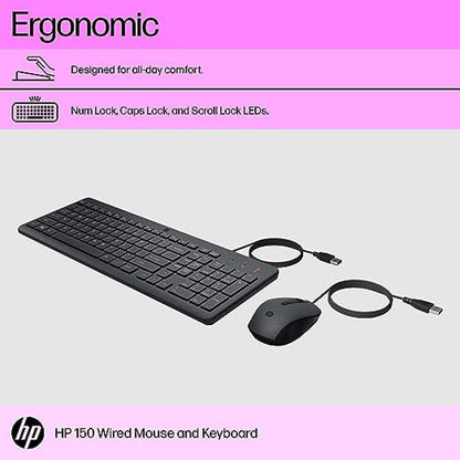 HP 150 Wired Keyboard and Mouse Combo with Instant USB Plug-and-Play Setup