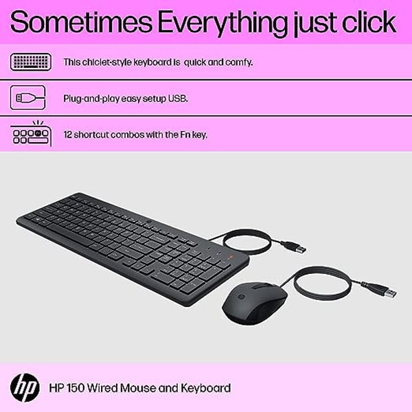 HP 150 Wired Keyboard and Mouse Combo with Instant USB Plug-and-Play Setup