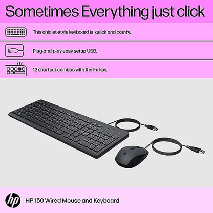 HP 150 Wired Keyboard and Mouse Combo with Instant USB Plug-and-Play Setup