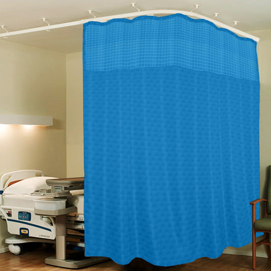 Hospital Partition Curtains 16 FT W x 7 FT H, 100% polyester, 32 rust-free metal eyelets, 32 plastic hooks, dark blue.