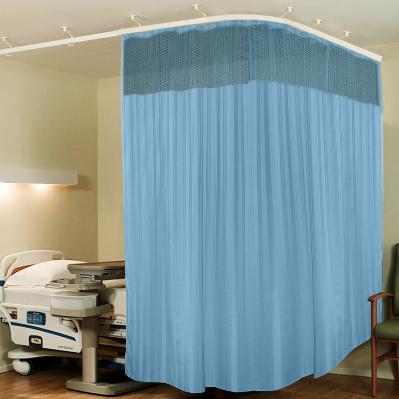 Hospital Partition Curtains 9x7 FT, 100% polyester, 18 rust-free metal eyelets, 18 plastic hooks, dark blue stripes.