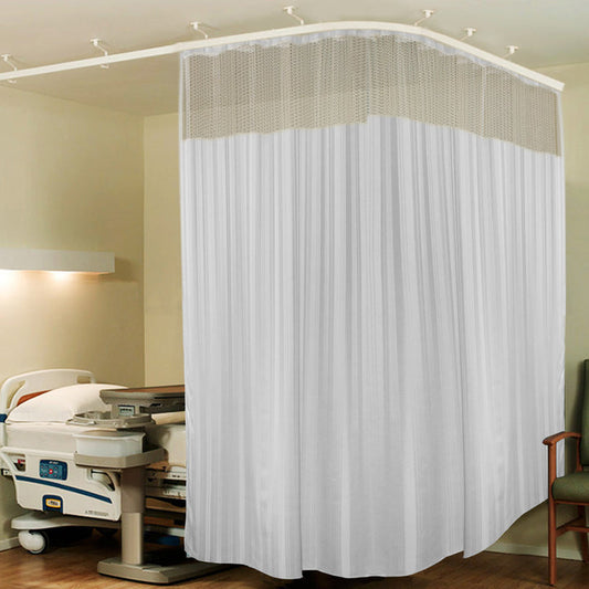 Hospital Partition Curtains 15 FT W x 7 FT H, Net Fabric, 100% Polyester, 30 Rust-free Metal Eyelets, 30 Plastic Hooks, White Stripes, Pk of 1