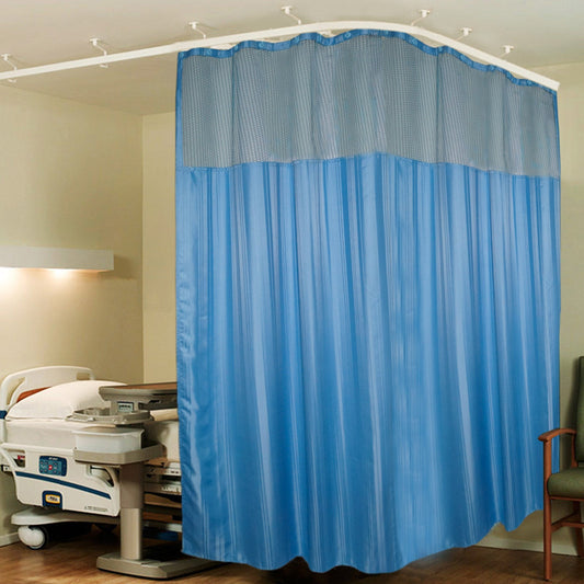 Hospital Partition Curtains 18x7 FT, 100% polyester, 36 rust-free metal eyelets, 36 plastic hooks, dark blue stripes.