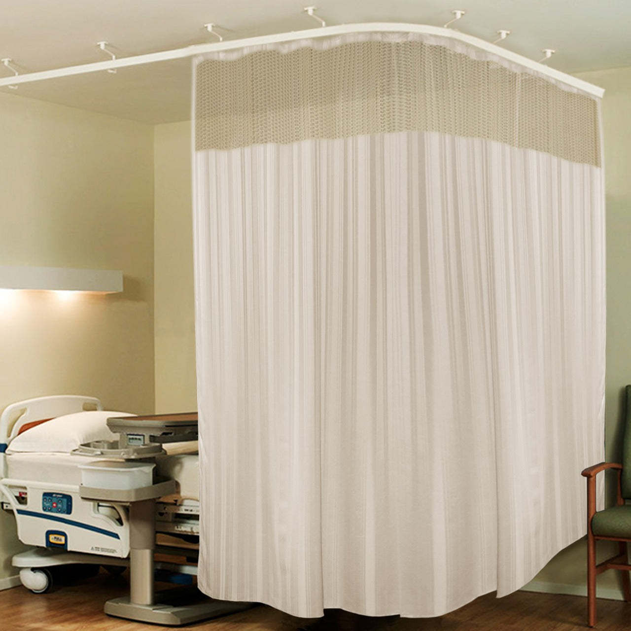 Hospital Partition Curtains 18 FT W x 7 FT H, 100% polyester, 36 rust-free metal eyelets, 36 plastic hooks, cream stripes, pack of 1.