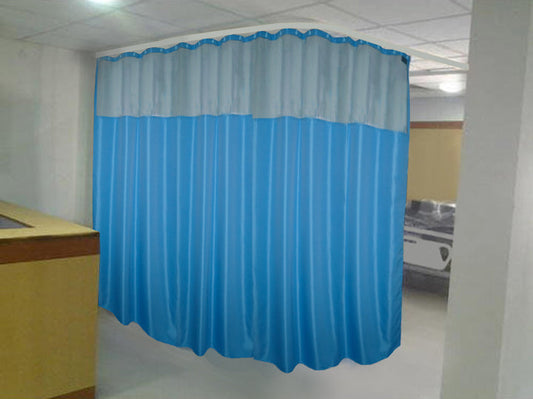 Hospital Partition Curtains 15 FT W x 7 FT H, Net Fabric, 100% Polyester, 30 Rust-free Metal Eyelets, 30 Plastic Hooks, Dark Blue Zig Zag