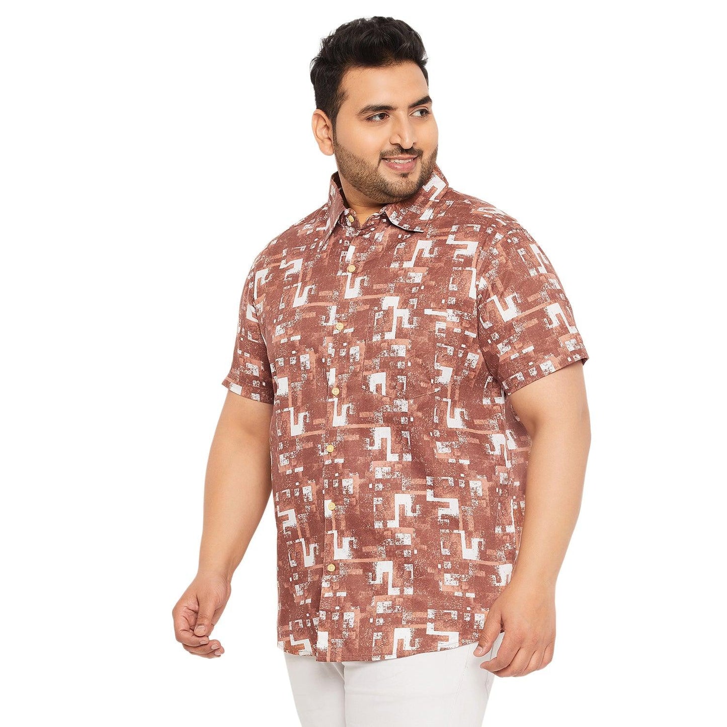 Men Plus Size Hakoba-Brown Printed Shirt