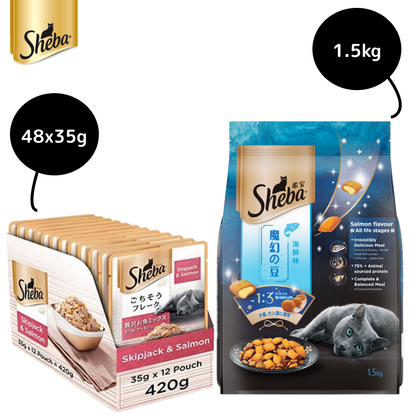 Sheba Skipjack  Salmon Fish Mix Cat Wet Food and Salmon Flavour Irresistible All Life Stages Cat Dry Food Combo