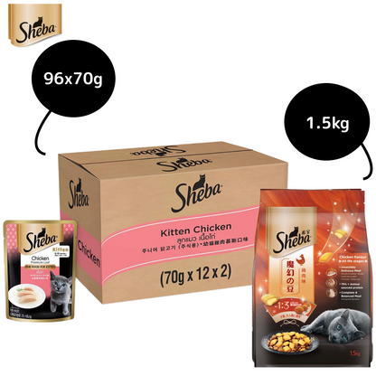 Sheba Chicken Loaf Premium Kitten 2 to 12 Months Wet Food and Chicken All Life Stage Cat Dry Food Combo