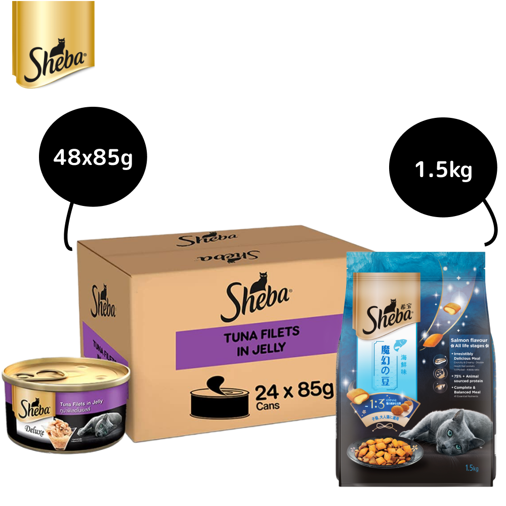 Sheba Pure Tuna Filets in Jelly Premium Cat Wet Food and Salmon Flavour Irresistible All Life Stages Cat Dry Food Combo