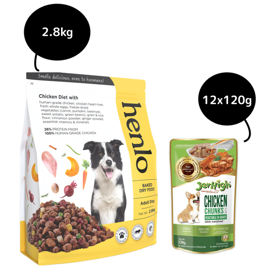 Henlo Chicken  Vegetable Baked Dry Food for Adult Dogs and JerHigh Vegetable and Chicken in Gravy Dog Wet Food Combo