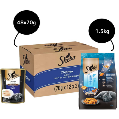 Sheba Chicken Loaf Rich Premium Adult Fine Wet Food and Salmon All Life Stage Cat Dry Food Combo