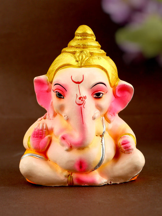 4.5 Inch Charming Colorful Bal Ganesha With Golden Mukut Idol in Baby Dagdusheth Ganpati Pose