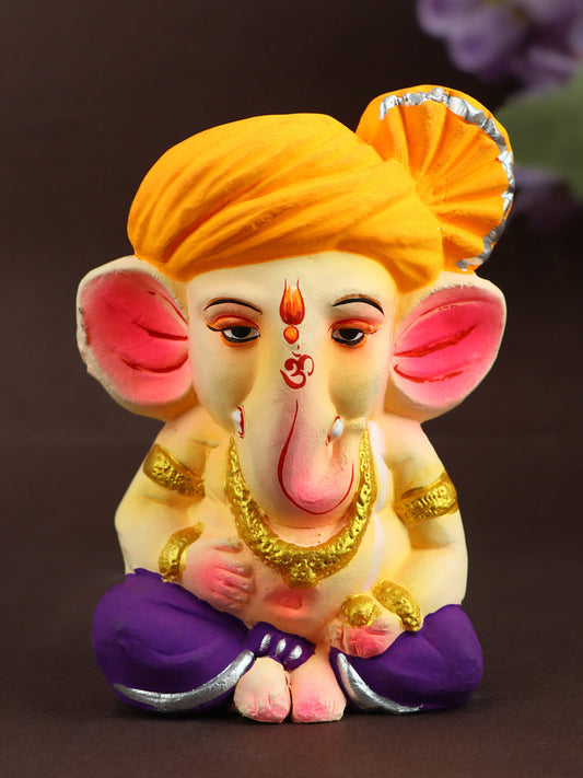 4.5 Inch Cute Eco Friendly Colorful Bal Ganesha With Orange Pagdi in Padmasana Pose of Ganpati