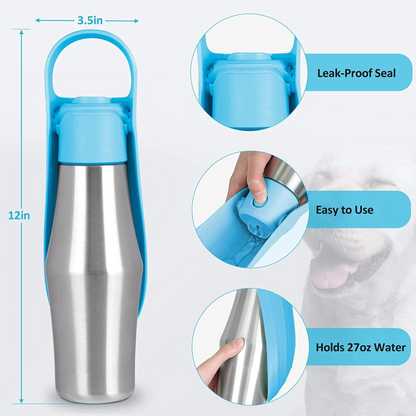 Talking Dog Club Stainless Steel Travel Water Bottle for Dogs Blue