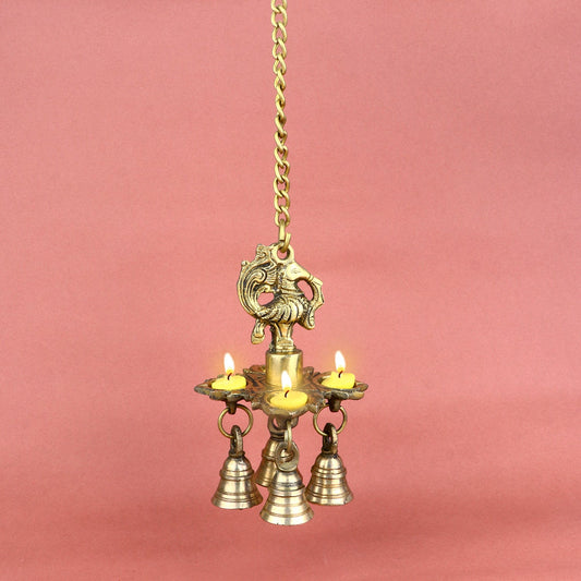 Brass Chaumukh Peacock Hanging Diya with Bells