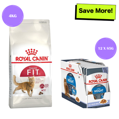 Royal Canin Fit 32 Dry Food and Light Weight Care Gravy Wet Adult Cat Food Combo