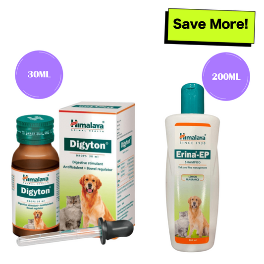 Himalaya Digestive Stimulant Digyton Drops and Erina EP Tick and Flea Shampoo for Dogs and Cats Combo