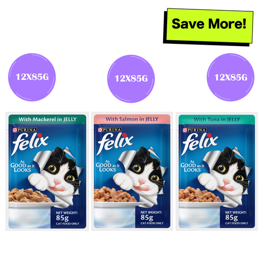 Purina Felix Mackerel Salmon and Tuna with Jelly Adult Cat Wet Food Combo