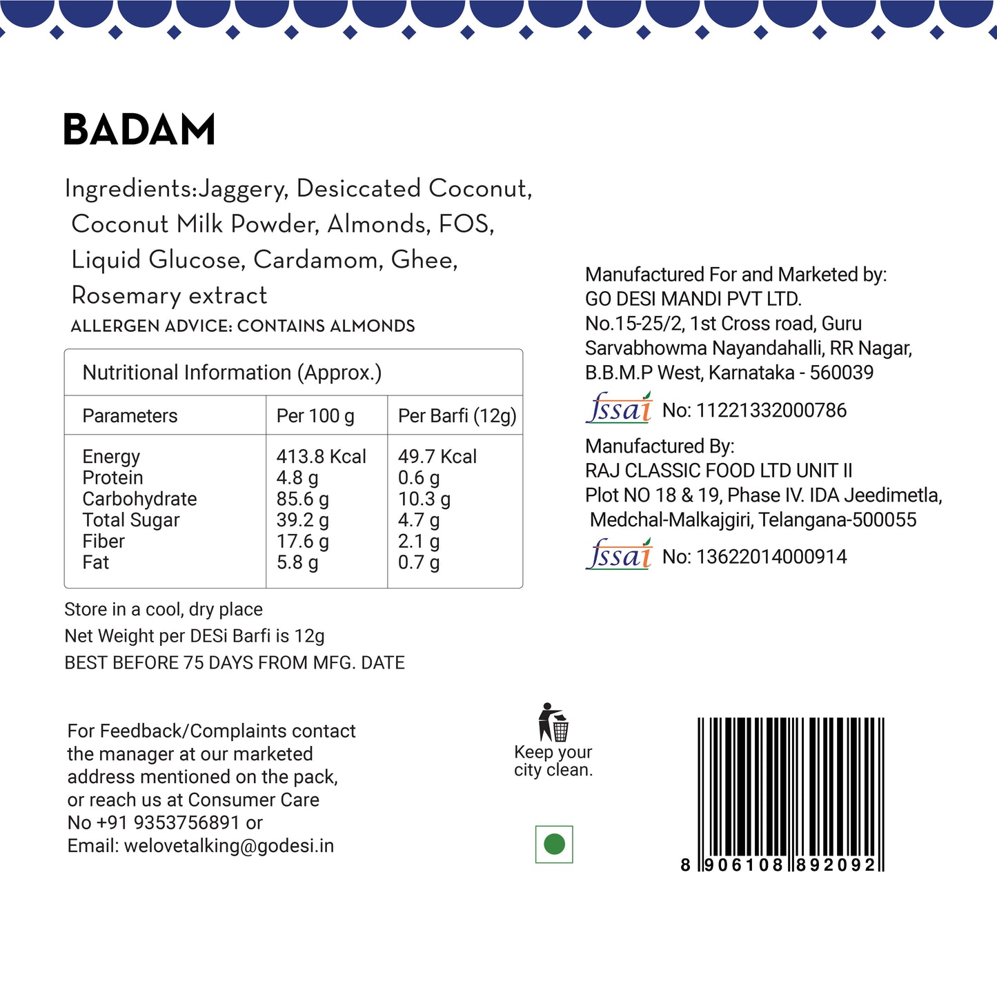 Badam Barfi  420 Gms  Dry Fruit Coconut Barfi - Goodness of Jaggery