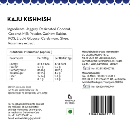 Kaju Kishmish Barfi  420 Gms  Dry Fruit Coconut Barfi - Goodness of Jaggery