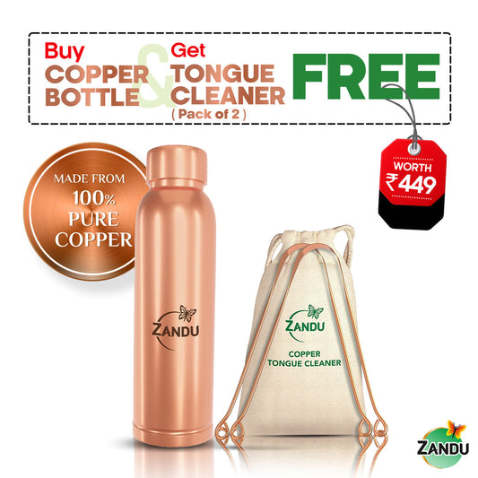 Zandu Copper Bottle 950 ml with Free Copper Tongue Cleaner Pack of 2