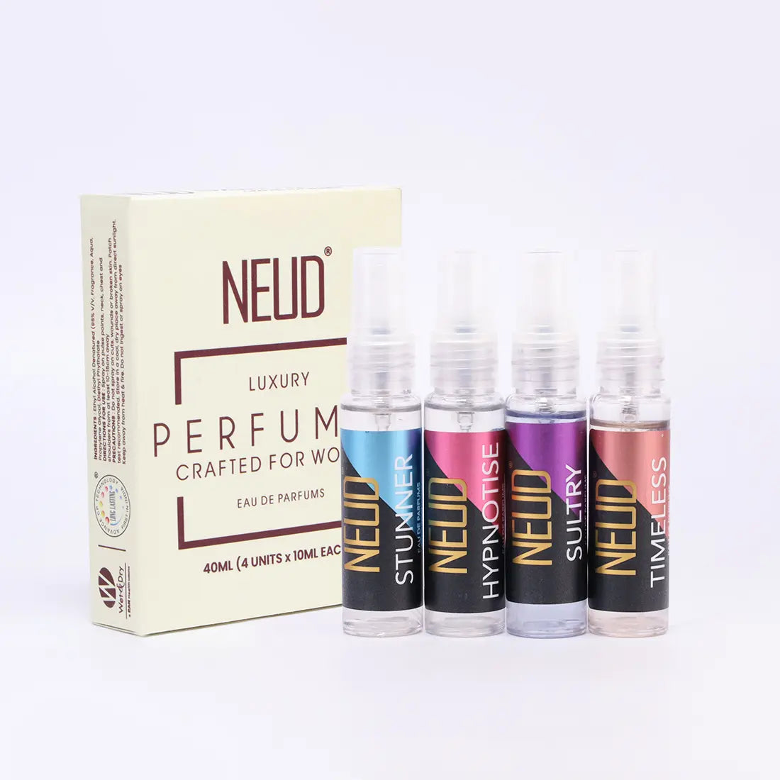 NEUD Luxury Pocket Perfume Gift Set for Women - Long Lasting Eau de Parfum Fruity Rose Musk Green Apple - 4x10ml