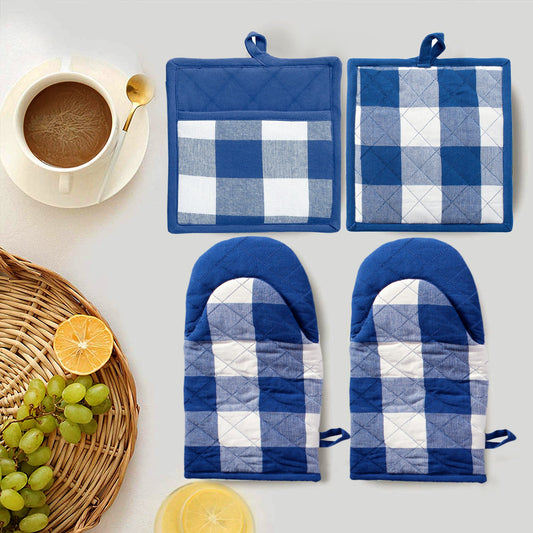 Lushomes 4 Pack Buffalo Check Quilted Heat Resistant Cotton Oven Mitt & Pot Holder Set Blue/White for Baking, Grilling, BBQ. 2 Gloves, 2 Holders.