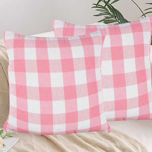 Lushomes Set of 4 Square Cushion Covers, 16x16 Inch, Pink & White Checks, Cotton, 40x40 cm.