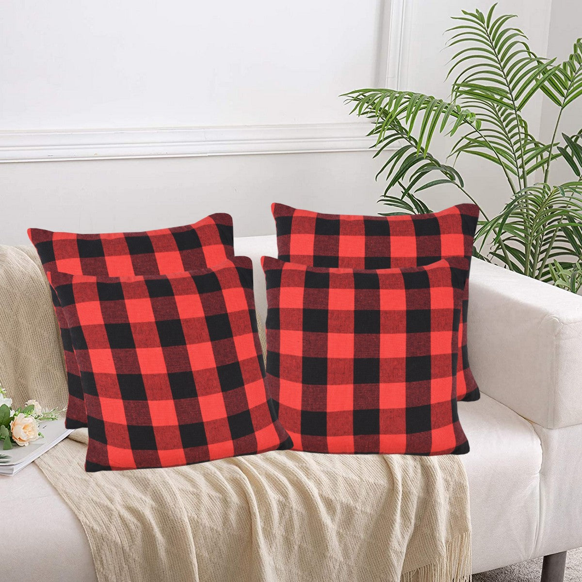 Lushomes Square Cushion Cover Cotton Sofa Pillow Cover set of 4 18x18 Inch Big Checks Red and Black Checks Pillow Cushions Covers Pack of 4 45x45 Cms