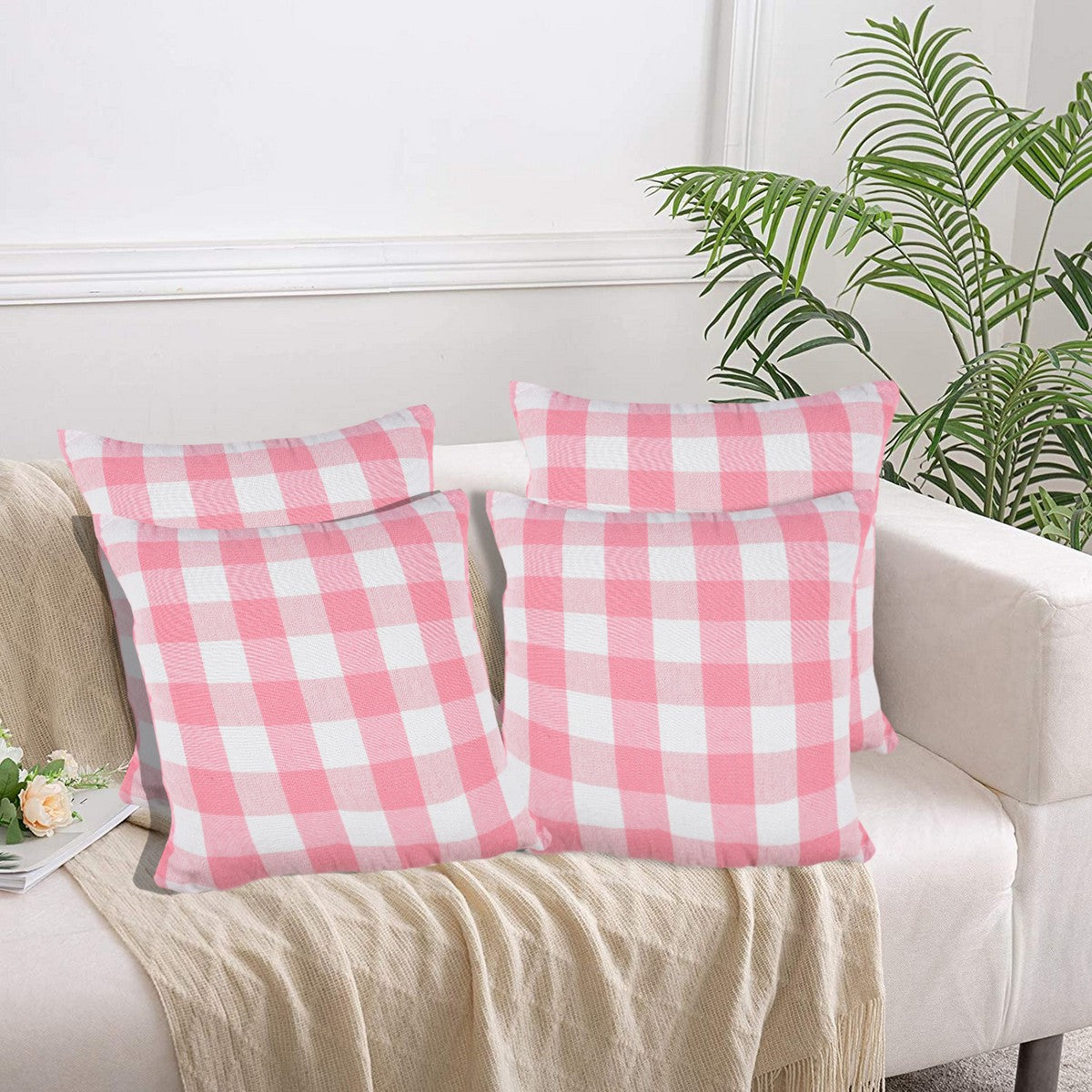 Lushomes Set of 4 Square Cushion Covers, 18x18 Inch, Pink & White Checks, Cotton, 45x45 cm.