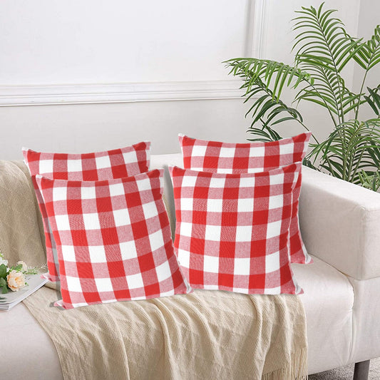 Lushomes Square Cushion Cover Cotton Sofa Pillow Cover set of 4 18x18 Inch Big Checks Red and White Checks Pillow Cushions Covers Pack of 4 45x45 Cms