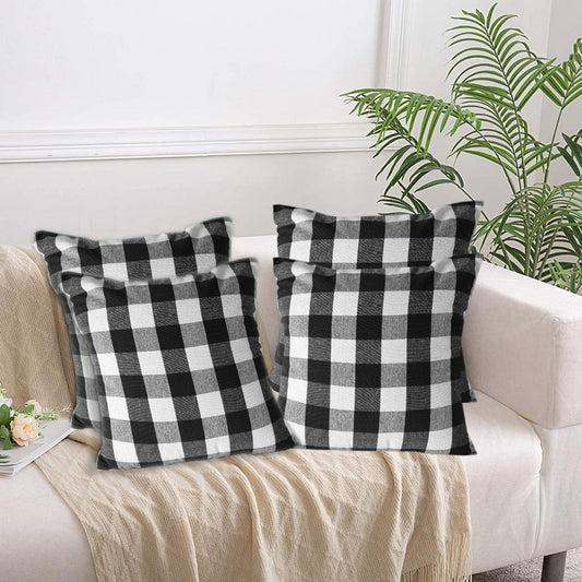 Lushomes 18x18" Black & White Check Cotton Cushion Covers, Set of 4.