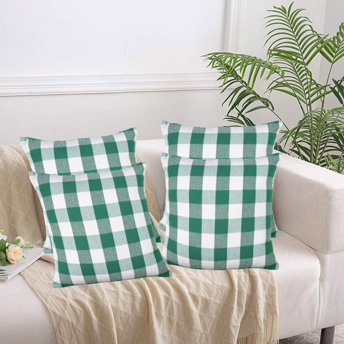 Lushomes Set of 4 Green & White Checkered Cotton Cushion Covers, 20x20 Inch (50x50 cm)