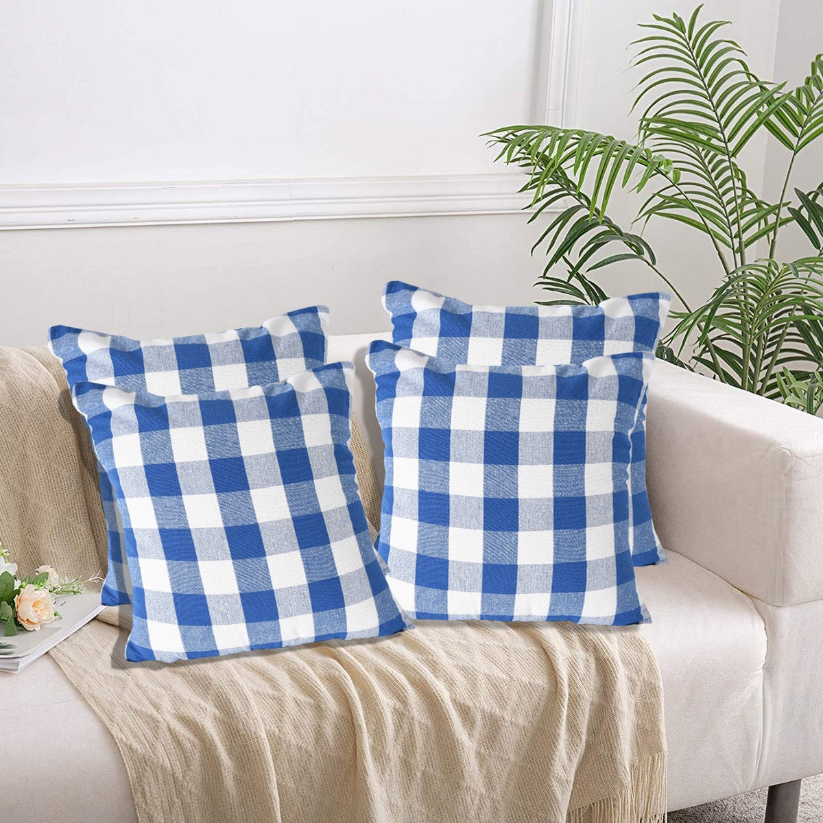 Lushomes 20x20" Blue & White Check Cotton Cushion Covers, Set of 4.