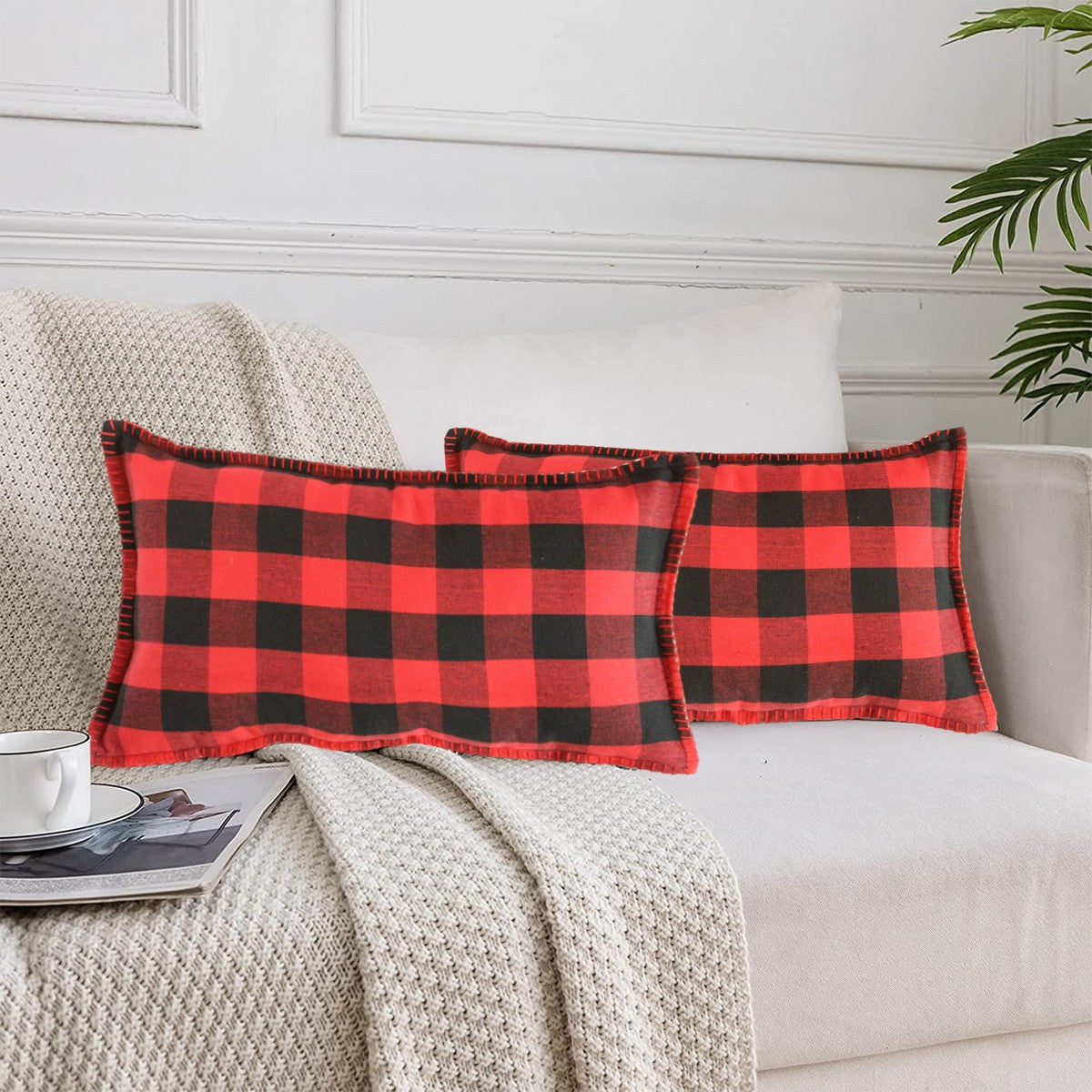 Lushomes Rectangle Cushion Cover Set of 2, 12x20 Inch, Red and Black Checks, Cotton, 30x50 Cms.