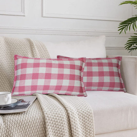 Lushomes Rectangle Cushion Cover Set of 2, 12x20 Inch, Pink and White Checks, Cotton, 30x50 cm.